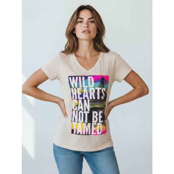 Hybrid Apparel Tops - Beige V Neck Short Sleeve Graphic Tee T-Shirt Wild Hearts Can Not Be Tamed NWT